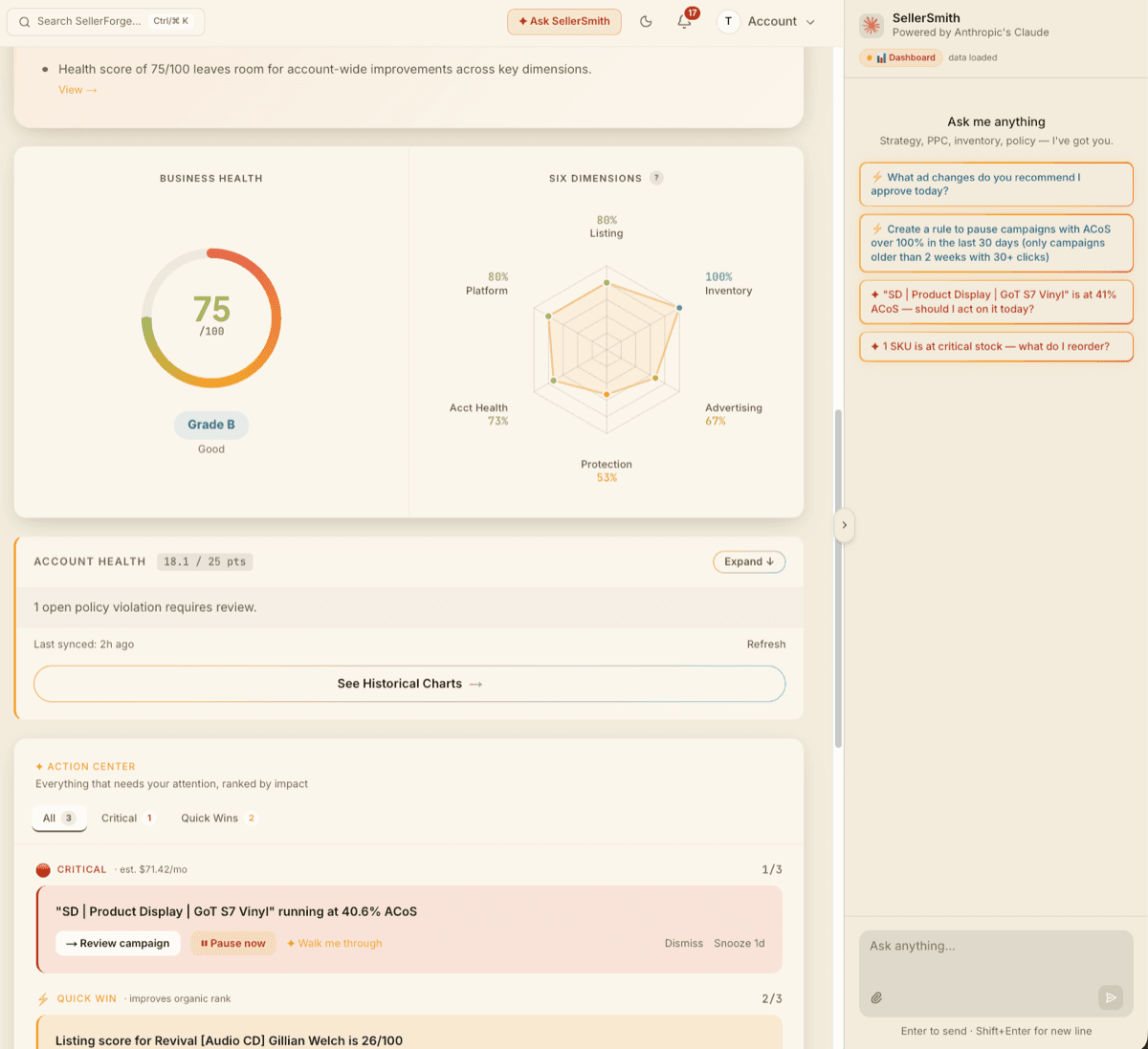 Middle of the SellerForge Today page with business health and Action Center