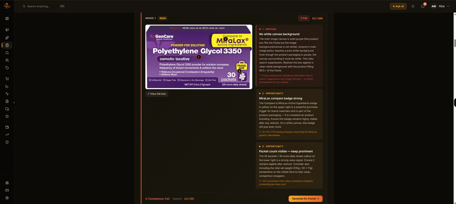 SellerForge listing image audit with product image, numbered findings, analysis, and fix-it brief